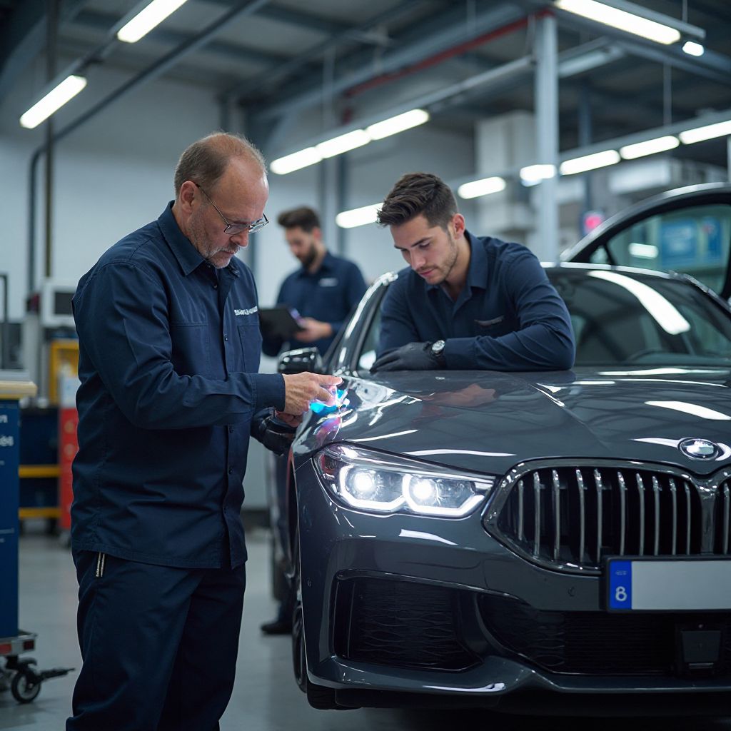 Team of technicians working on vehicle
